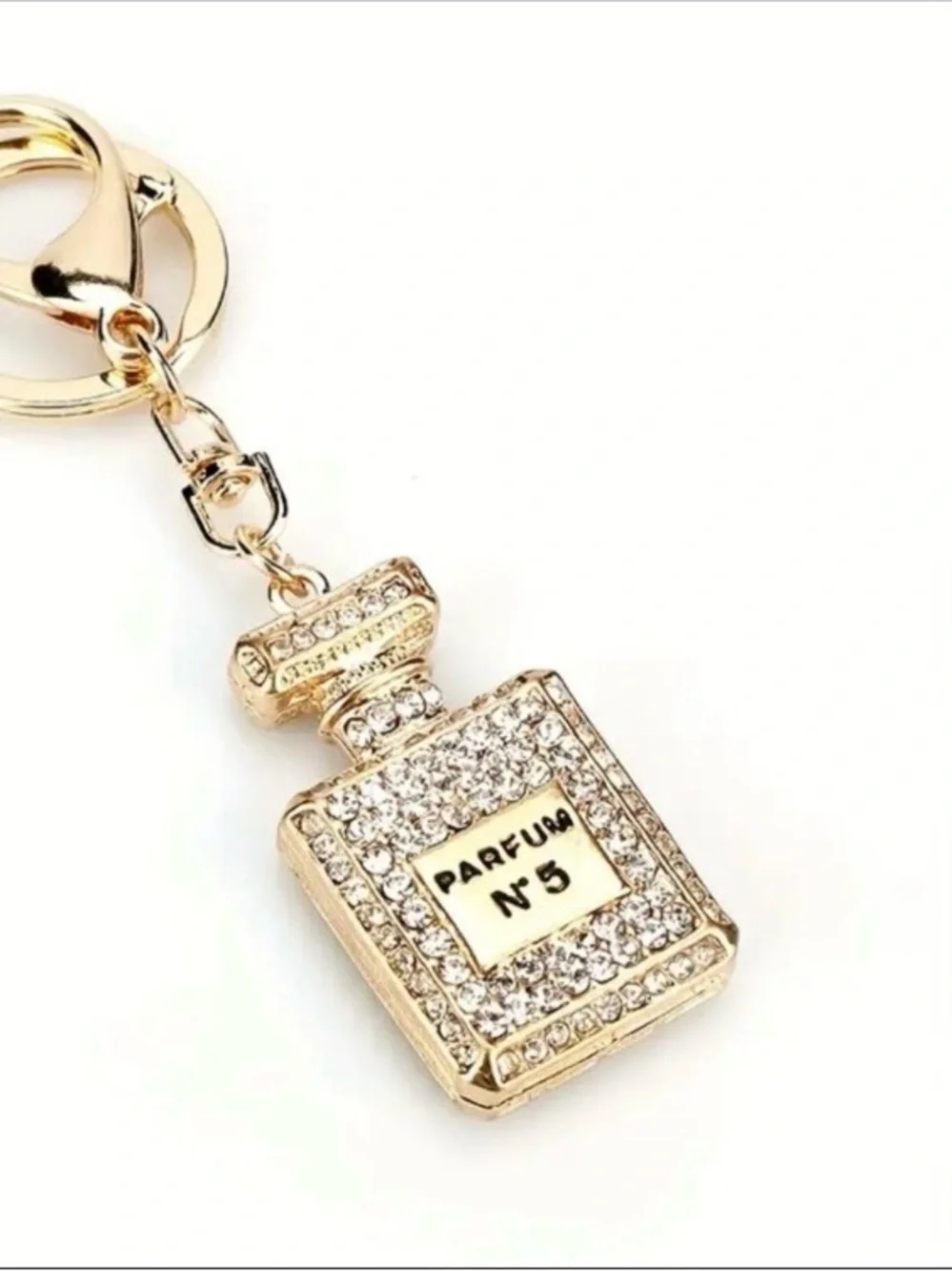 NEW White Crystal Perfume Bottle Keychain Bag Charm Gold Tone
